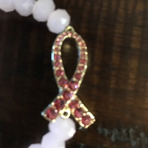 Rose Quartz Stretch Bracelet with Crystal/Rhinestone Ribbon Charm - Picture 2 of 2